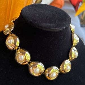 Cleopatra Style Gold Tone Bracelet with Faux Pearls – Statement Jewelry 16”